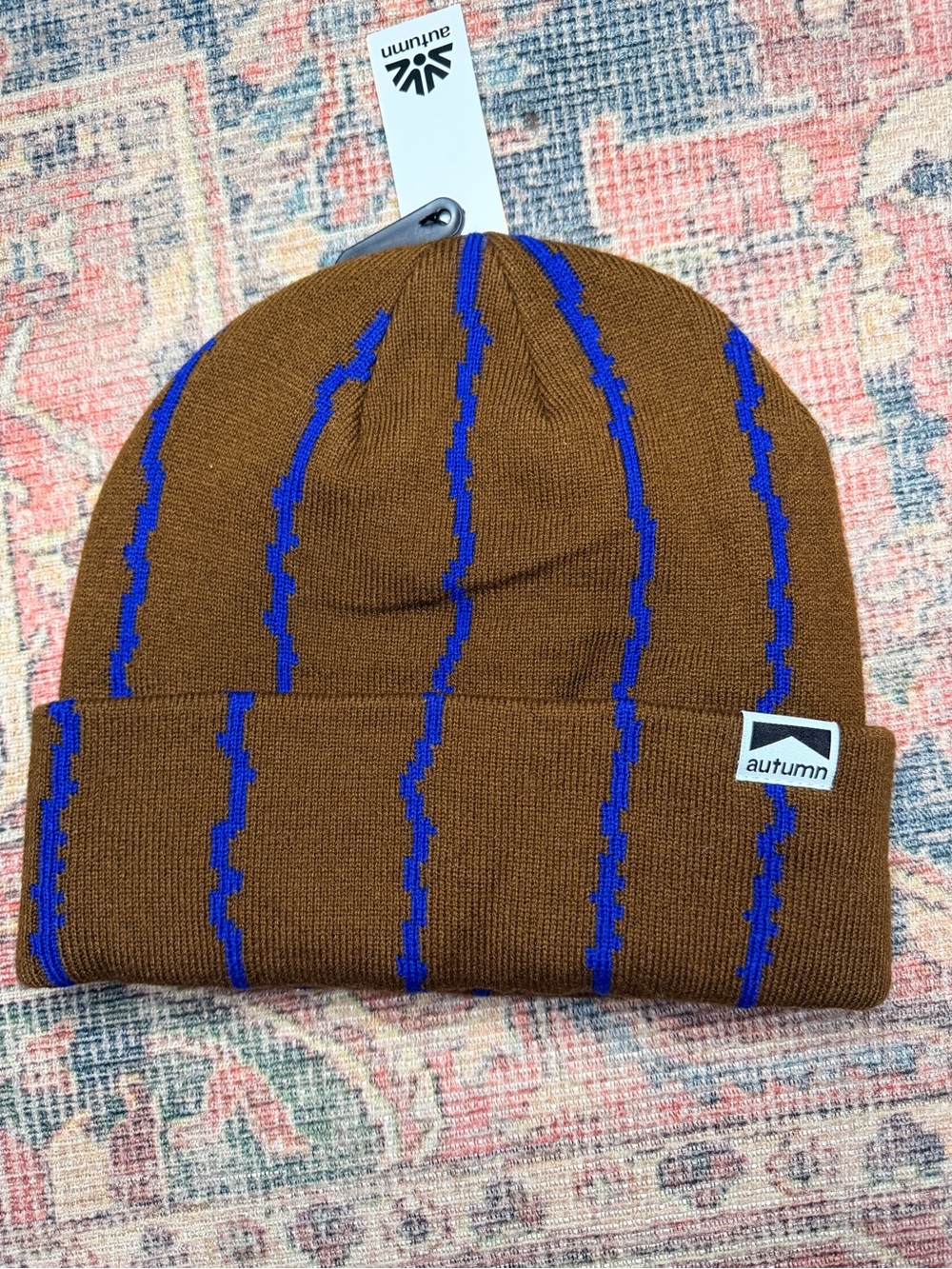 Autumn Brand Brown + Blue Striped Beanie